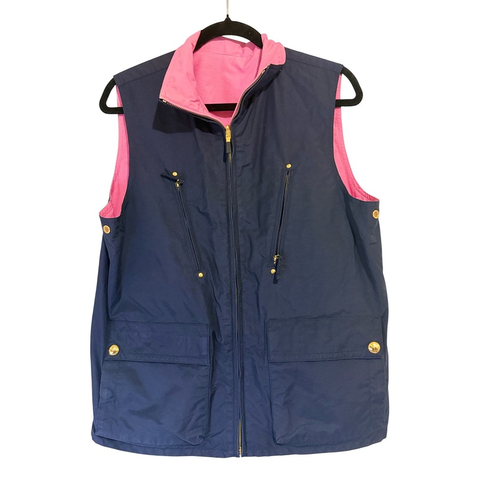 Lauren RL Reversible Vest Navy‎ Pink Sleeveless Utility Pockets Gold Accents
